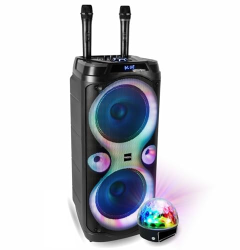 Ibiza Sound – Pack de altavoz Karaoke Columba-Karaoke 1000 W USB Bluetooth TWS – 2 micrófonos inalámbricos – Efecto Astro LED 6 colores – Noche