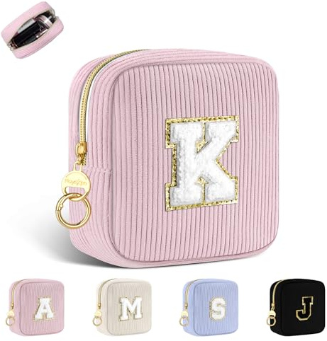 Personalisierte Kosmetiktasche Mini Make up Tasche Klein Cord Schminktasche Damen Tragbare Reise-Kulturbeutel für Toilettenartikel Organizer Personalisiert Initialen Geburtstag für Mädchen Rosa K