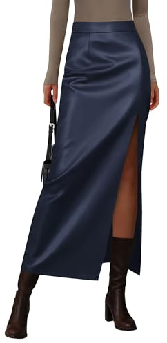 PRETTYGARDEN Womens Faux Leather Skirts 2026 Fall Fashion Bodycon High Waisted Slit Work Office Winter Maxi Long Pencil Skirt (Navy Blue,Medium)