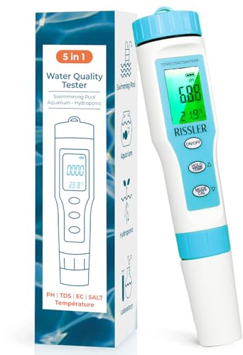 Probador de pH de piscina 5 en 1 – Medidor electrónico de pH de alta precisión para medición salinidad, pH,TDS,EC,Temperatura, Analizador Agua Potable, Prueba digital ideal para piscina, hidroponía y