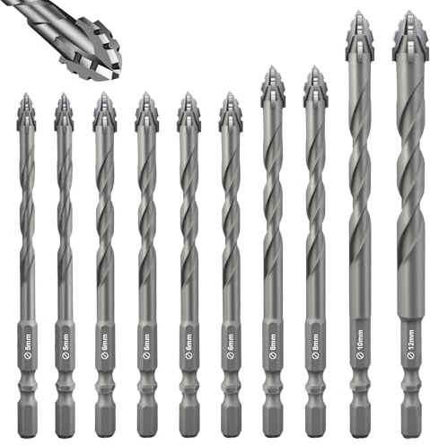 Flintronic 10 Piezas Brocas Porcelanico, Broca Ceramica Ø 5-12 mm, Taladro Excéntrico, Taladro de Vidrio con Vástago Hexagonal, para Madera Plástico Albañilería Baldosa Cerámica Vidrio Hormigón