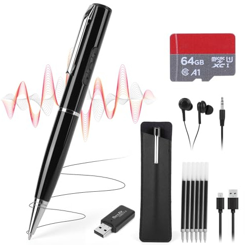 FitRepa 12 penne registratori vocali digitali portatili con riduzione del rumore, registratore ad attivazione vocale con scheda TF da 64 GB per cuffie, lettore di schede, penna e cavo dati USB