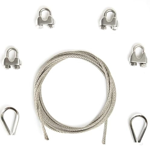 Alfa Logistik Cable de alambre de 4 mm, acero inoxidable, 100 m de longitud, juego de 4 abrazaderas de cable de alambre y 2 guardacabos, juego de cuerda de acero inoxidable, cuerda de alambre de acero