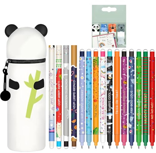 Set mit 16 radierbaren Gelstiften - Weihnachten Bambuspanda Kawaii 2 in 1 Silikon Federmäppchen + Lesezeichen mit thermoempfindlicher Löschtinte, Schaftdesigns, 0,7 mm