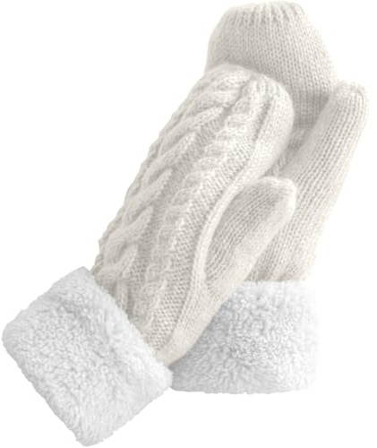 Risipu Women's Winter Gloves Warm Fleece Lining Cozy Cable Knit Thick Gloves Mittens for Cold Weather (White, One Size)