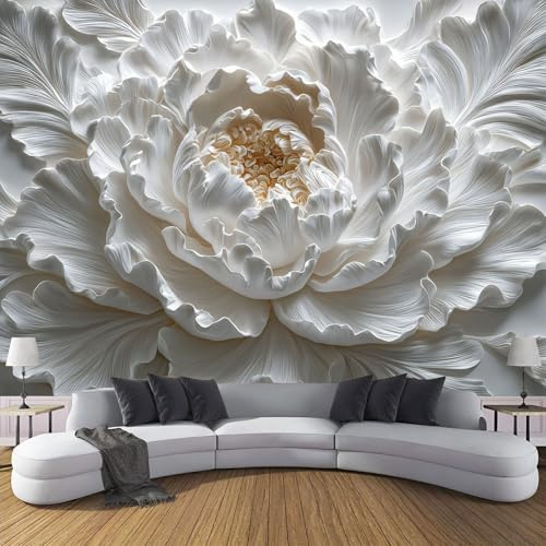 Carta Da Parati 3D Effetto, Moda XXL Design Peonia Fotomurali in TNT Splendidi Petali Fiori Tridimensionali Fotomurale Bianco Moderna Decorazione da Parete per Camera da Letto Soggiorno 300×210cm