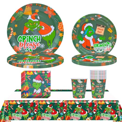 INHEMING 51 pcs Grinch Party Tableware Set, Christmas Paper Party Tableware Set, Grinch Paper Cups Napkins Plates Tablecloth