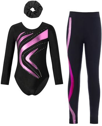 Yruioon Mädchen Turnanzug Glitzer Gymnastikanzug Langarm Ballettanzug + Hose + Haarband Gymnastik Leotard Turntrikot Tanz Outfit