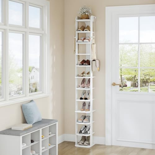 Hzuaneri Schuhregal, 12 Ebenen, Platzsparend, mit Haken, 26,5B cm, Weiß | Holz-Schuh-Organizer, Verstellbar, Geeignet für Eingang, Flur, Wohnzimmer, SR21203X