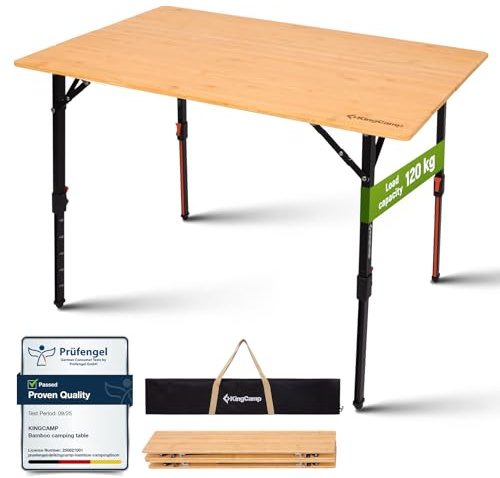 KingCamp Campingbord hopfällbart av naturligt bambu, justerbar höjd (42-70 cm), max. belastning 120 kg – Robust hopfällbart bord för camping, trädgård och picknick