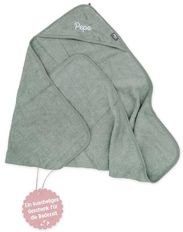 wunderwunsch Kapuzenhandtuch Jollein Baby als Geschenk zur Geburt, personalisiert mit Wunschnamen, Babyhandtuch, Babytuch, Bademantel für Babies, individualisiert mit Namen (mintgrün, 100x100c)
