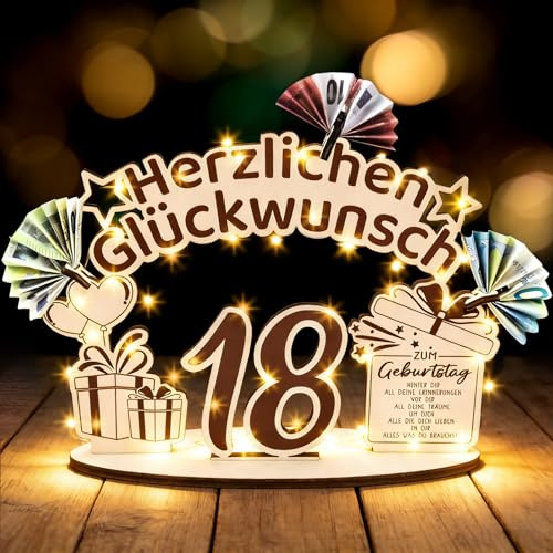 18. Geburtstag Mädchen Junge, Holz Geldgeschenke Geburtstag mit LED Lichterketten, Geschenk zum 18 Geburtstag Mädchen Junge, Deko 18. Geburtstag Junge Mädchen