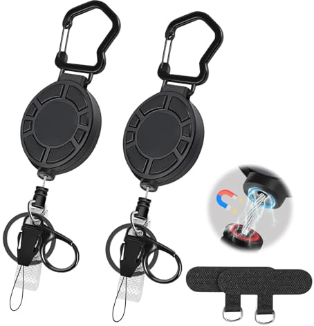 Foonary Lot de 2 porte-clés magnétiques et protection de téléphone portable - Extensible - 60 cm - Câble en acier - ABS + métal - Réinitialisation automatique - Multifonction pour la randonnée