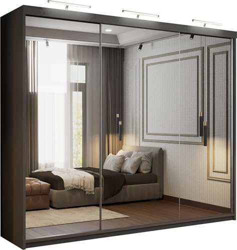 SLIDING WARDROBE 4U Modern Mirrored Sliding Door Wardrobe with LED Light, Freestanding Bedroom Wardrobe, Customizable Interior, 90/100/120/150/180/203/250cm, MDF Chipboard (Grey, 250cm)