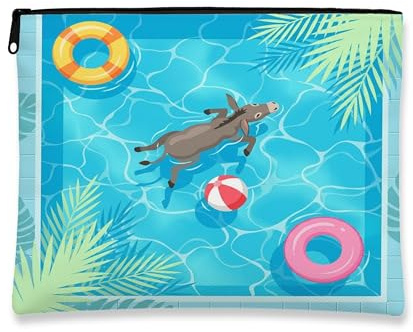 Donkey Makeup Bag, Cute Pool Lifebuoys Tropical Cosmetic Travel Pouch for Women Girls, Portable Small Canvas Zipper Organizer, Animal Toiletry Bag 7x9 Inch