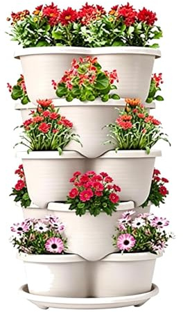 Fioriera da Giardino Verticale | 5 pezzi vasi impilabili rialzati per la coltivazione,Torre Verticale per Fragole,per Abitazione Casa Interno Balcone Terrazzo Muro Cortile Esterno Fiori Verdure