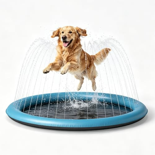 Real relax Paddling Pool Dog Pool Water Slide, Foldable PVC Pet Splash Mat, Non-Slip Outdoor Garden Cooling Water Play Toy 140cm