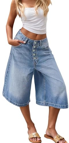 Baggy Shorts Damen Jorts Y2K Streetwear Vintage Weite Bein Jeansshorts Gewaschene Straight Knielange Jeans Caprihose mit Taschen Casual Skater Style Baggy Shorts für Sommermusikfestival