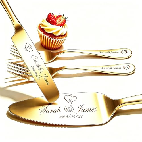 QSZ Ensemble couteau et pelle à gâteau mariage personnalisé gravure prénom et date acier inoxydable avec fourchettes cadeau pour mariage anniversaire fiançailles et fêtes (GOLD2)