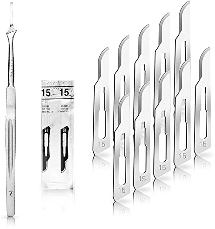 Set - 10 Stück Skalpellklingen Figur 15 aus Karbonstahl - Ersatzklingen einzeln steril verpackt + 1x May - Skalpell-Halter mit 16 cm langem Griff - Edelstahl
