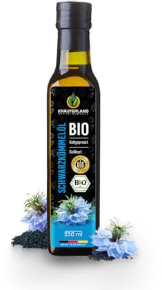 Kräuterland Huile de Nigelle Bio filtrée 250 ml - 100% pure, doucement pressée à froid, égyptienne, nigella sativa, végétalienne - fraîche du moulin directement du No. 1 Fabricant d'Allemagne