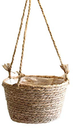 Redsa Hängender Stroh-Pflanzgefäß, 20 cm, Juteseil, Hängekorb, Korbabdeckung für Sukkulenten, Kräuter und kleine Pflanzen im Innen- und Außenbereich