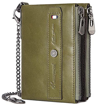HUMERPAUL Herren Geldbörsen mit Kette, Ledergeldbörse für Herren mit RFID Schutz, Brieftasche aus echtem Leder mit Doppelreißverschluss und Anti-Diebstahl-Kette,Grün