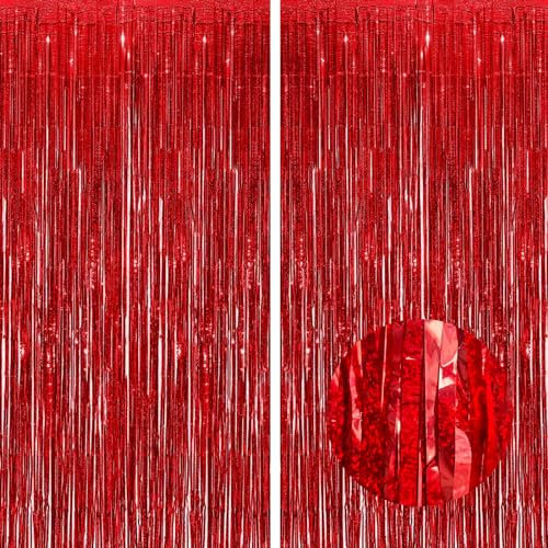2Pcs Christmas Tinsel Foil Fringe Curtains, Red Glitter Foil Fringe Backdrop Streamers, Metallic Tinsel Foil Curtains Background Streamers for Wedding Baby Shower Birthday Party Decorations