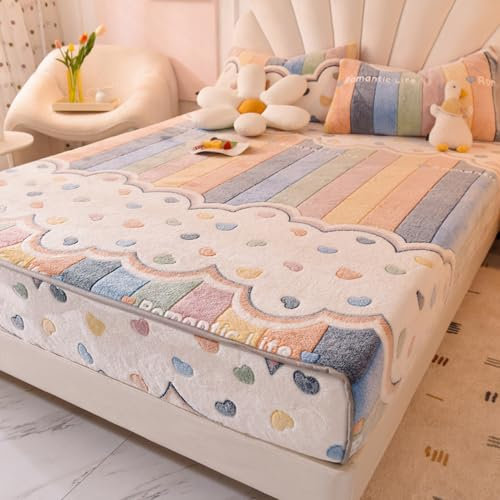 Hiseng Flanell Spannbettlaken, Jacquard Weiches Einfarbig Spannbetttuch Leintuch, bis 28 cm Matratzenhöhe, Elastisches Matratzenschoner für Boxspringbett & Wasserbett (180x200cm,Regenbogenherzen)