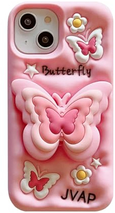 QoKcoahn Fodral för iPhone 15 Pro, 3D Kawaii-telefonfodral med roliga, söta tecknade motiv, rosa fjäril, mjuk silikongel, droppformat, lins skyddsfodral för kvinnor och flickor