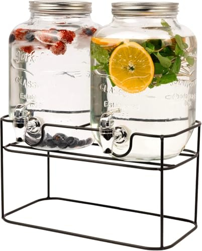 Cookinglife Distributeur de Boissons Double, Verre et Acier, Noir, 2 x 4 litres, avec Support