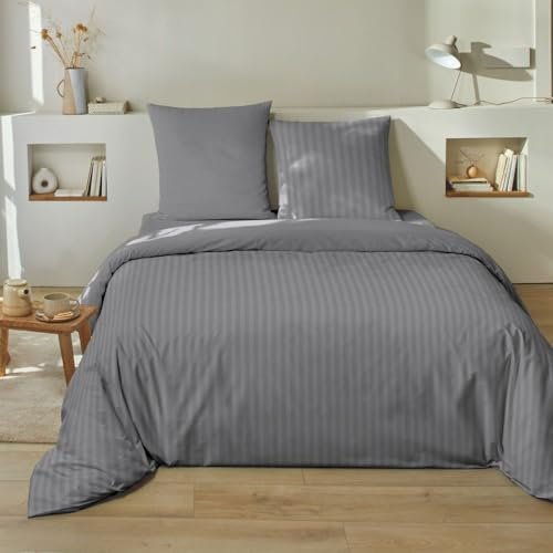 Housse de Couette 220x240 cm + 2 taies 100% Satin de Coton Raye Gris