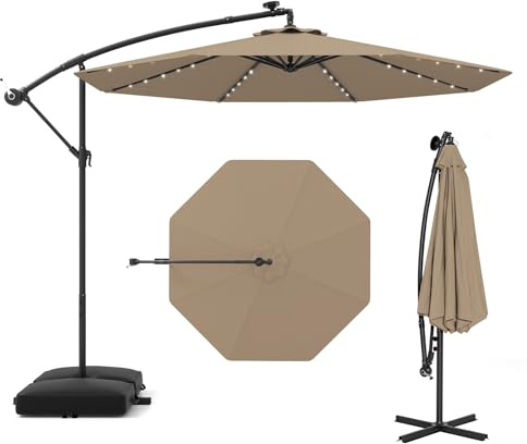 RELAX4LIFE Parasol Déporté 3x3M LED Solaire (Marron) | Parasol de jardin inclinable avec pied inclus, imperméable à 8 baleines et protection UV pour terrasse, patio ou plage