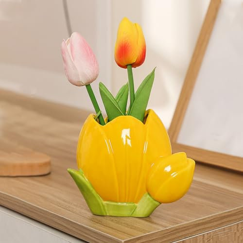 POYHKFD Vaso in Ceramica a Forma di Tulipano, Vaso in Ceramica Decorativo Vaso a Forma di Fiore Carino per Centrotavola, Vaso da Tavolo in Ceramica Dal Design Unico Vasi a Forma di Tulipano,(Giallo)