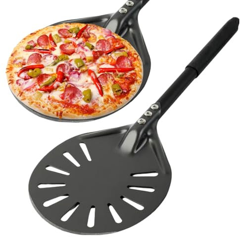 ulafbwur Lightweight Pizza Turning Peel, 6-inch Round Aluminum Alloy Pizza Peel Turner Spinner, Long Handle Non-stick Perforated Homemade Pizza Spatula, Kitchen Gadgets Black