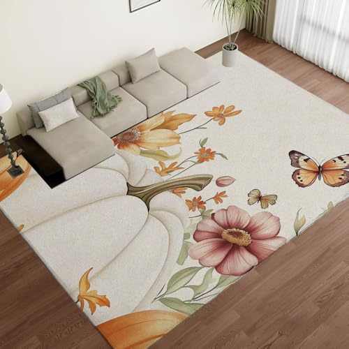 Tappeti lavabili con stampa floreale di grandi dimensioni resistenti alle macchie, tappetino da pavimento con motivo a zucca bianca ad acquerello, tappeti per soggiorno, tappetino antiscivolo a bass