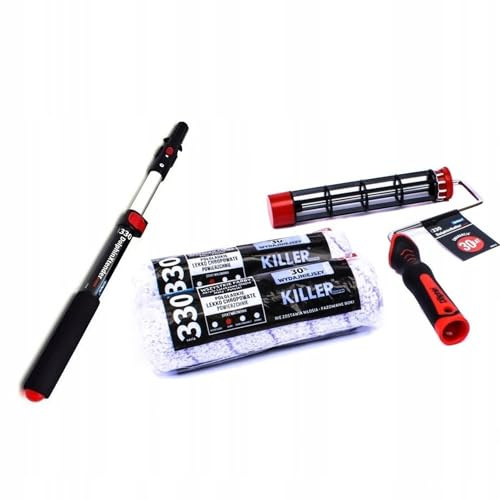 Malerset 4 tlg: 2x Farbroller KILLER 25cm/13mm - 1 x Roller-Griff - 1 x Teleskopstange (30-60cm) - Streichsets für Wandfarbe -Farbzubehör Made in EU