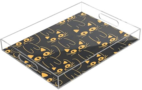 Plateau de service simple en acrylique avec motif chat - Plateau rectangulaire transparent avec poignées - Plateau de service pour table basse, cuisine, salle de bain