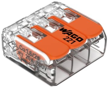 Wago, 3-Wege-Hebelklemme Serie 221, 50er-Box, kompatibel mit starren, halbstarren und flexiblen Drähten 0,14–4 mm², Spannung 450 V, Strom 32 A, Abisolierlänge 11 mm, schnelle und sichere Installation | Hebelklemme für starre, mehrdrähtige und feindrähtige Leiter von 0,14 bis 4 mm², Nennstrom 32 A, Spannung 450 V
