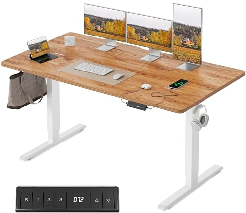 FEZIBO Höhenverstellbarer Schreibtisch mit USB-A und USB-C-Ladeanschlüssen, 140 x 70 cm Steh-Sitz Tisch, Schreibtisch Höhenverstellbar Elektrisch, Ergonomischer Computertisch Homeoffice, Hellbraun
