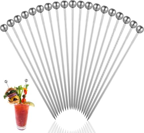 Tyqour 20 Stück Cocktailspieße aus Edelstahl Silber Martini Picks 11cm Wiederverwendbare Cocktail Picks Metall Obststicks Cocktail Stick Edelstahl Cocktail-Spieße für Fingerfood Sandwich Party Bar