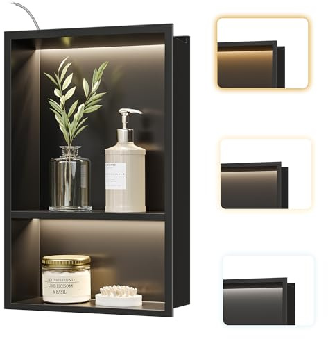 Neohomee Wall Recess Shower Stainless Steel with LED Light, Embedded Shower Niche with Shelf 45 x 30 cm with Colour Temperature Controller for Bathroom Storage and Decoration, Black