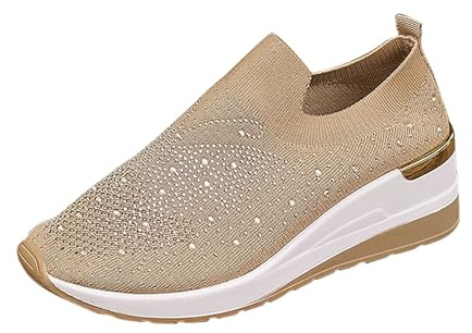 Femme Compensées Baskets À Paillettes Strass Tendance sans Lacets Chaussures De Sport Plateforme Respirantes Chaussures de Course Antidérapant Sneakers (Beige, 37)