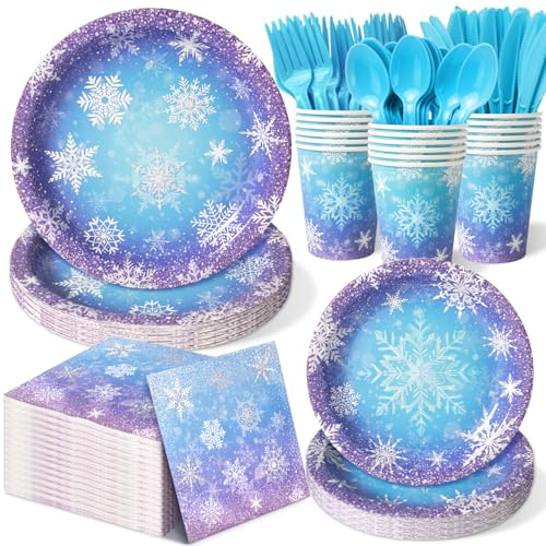 Frozen Birthday Party Decorations - Serve 24, Snowflake Party Supplies, Winter Wonderland Disposable Tableware Include Plates, Napkins, Cups, Forks, Knives, Spoons for Christmas