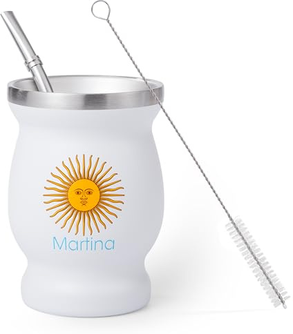 Regalo Original - Kit Mate Argentino de Acero Inoxidable - Calabaza con Ilustración de “Sol de Argentina” Personalizable con Nombre y Color - Vaso 250 ml de Doble Pared, Bombilla y Cepillo