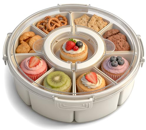 MOPUBZO Snackbox mit 9 Fächern, Rund Snack, Snackteller mit Deckel und Griff, Snackschale Kinder, Tragbar Snack Organizer für Snacks Süßigkeiten Nüsse Obst Gewürze, für Party Picknick Trips