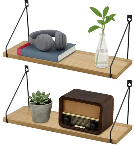 Generisch 2er Set, Wandregal Holz Schweberegale Rustikales Vintage Kleines Bücherregal Wand Hängeregal für Wohnzimmer Küche Arbeitszimmer Badezimmer Büro (Natur, 2er)