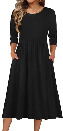 Zeagoo Womens Black Mid Length Casual High Waist Trapeze Dress 3/4 Sleeve Solid Color Simple Tunic Shift Dresses Pleated Beach Sundress with Pockets,M