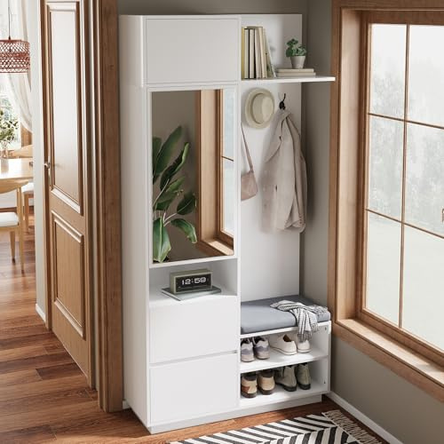 LAKFEW Juego de Perchero 5 en 1 con Espejo y Banco, Perchero Entrada Recibidor con Zapatero y Estante, Mueble Recibidor Mueble Entrada Recibidor con Cajón y Puerta, 90x34.5x190 cm, Blanco