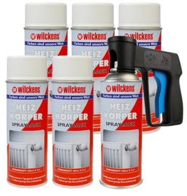 ARLI Set: 6x Heizkörperlack Spray weiß seidenmatt 400ml RAL 9010 + 1x Sprühpistole Pistolengriff für Spraydosen Set für Heizkörper Wasserleitungen Radiatoren Warmwasserrohre